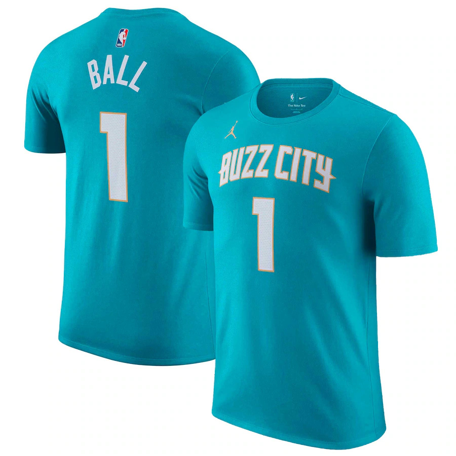 Men's Charlotte Hornets #1 LaMelo Ball Teal 2023/24 City Edition Name & Number T-Shirt Men's Charlotte Hornets #1 LaMelo Ball Teal 2023/24 City Edition Name & Number T-Shirt